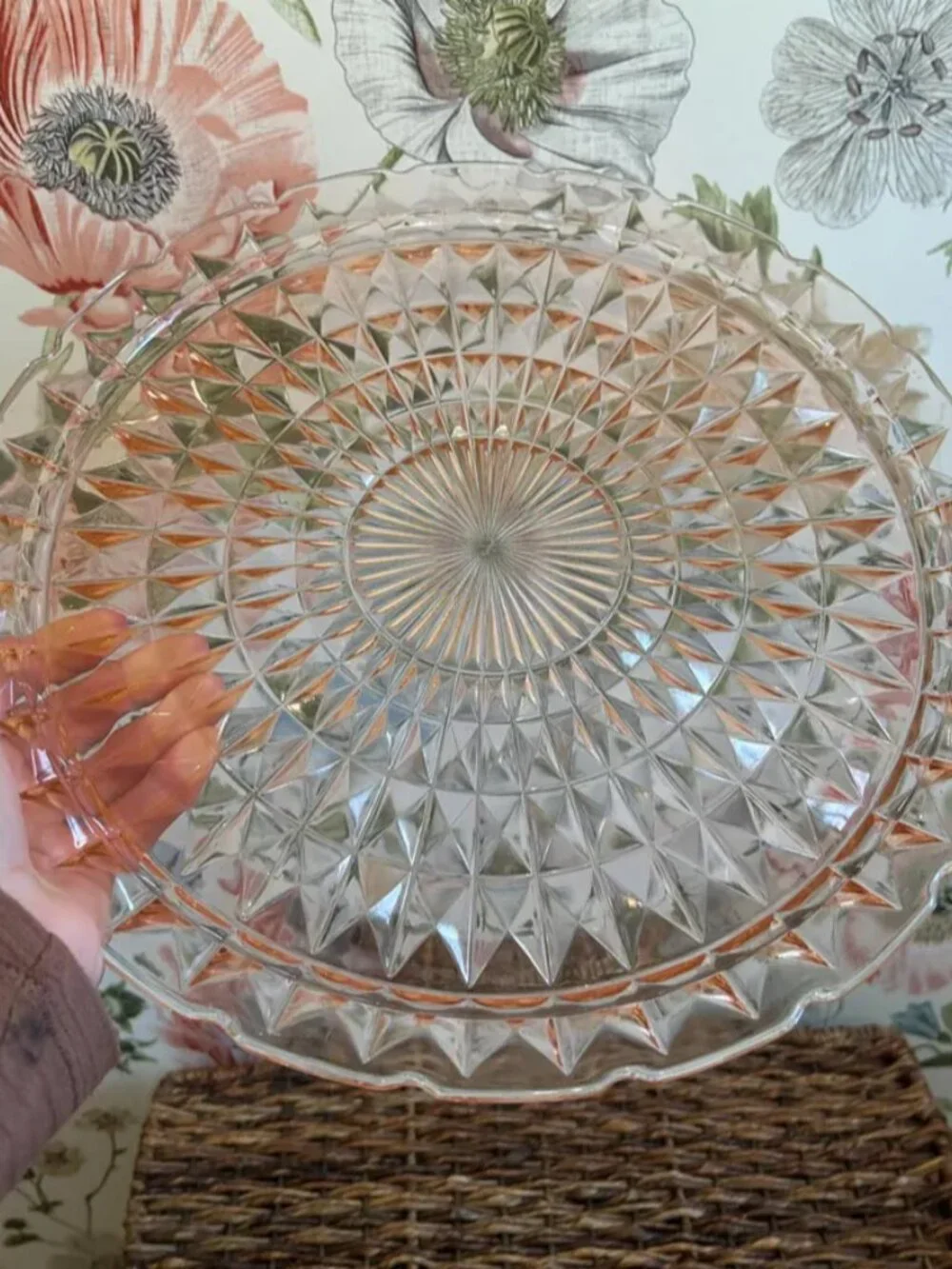 Vintage Blush Pink Pressed Glass Starburst Platter Decorative Round Tray